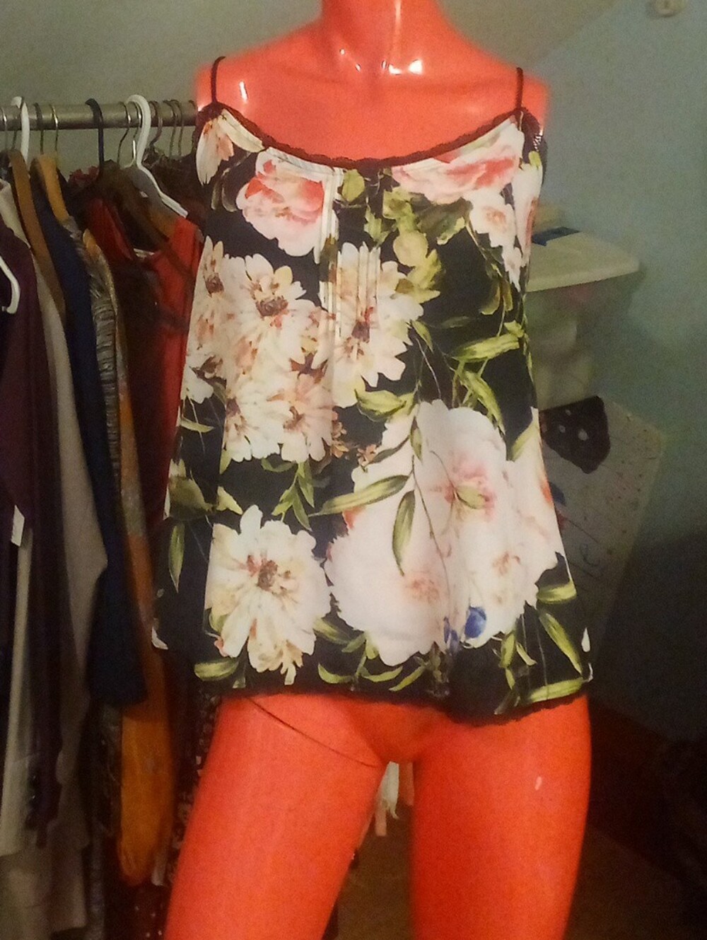 Floral Spaghetti Strap Women's Top - Black with Pink Flowers